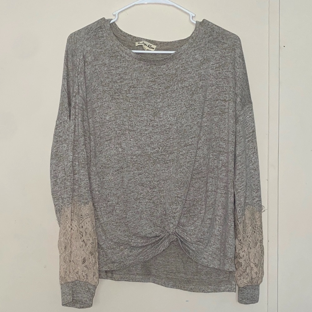 Gray Twist Front Top with Lace Sleeves